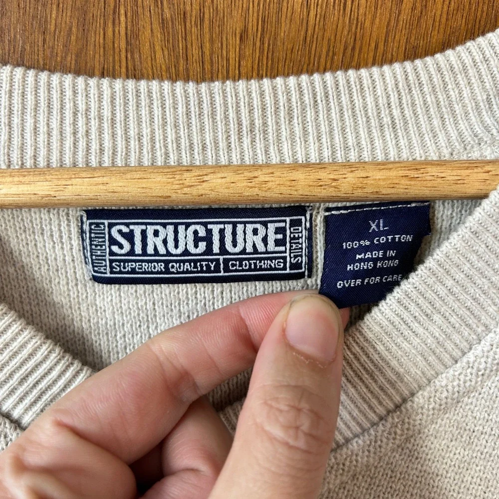 STRUCTURE‎ Mens XL V Neck Sweater Vest Beige Cotton Classic Fit Casual